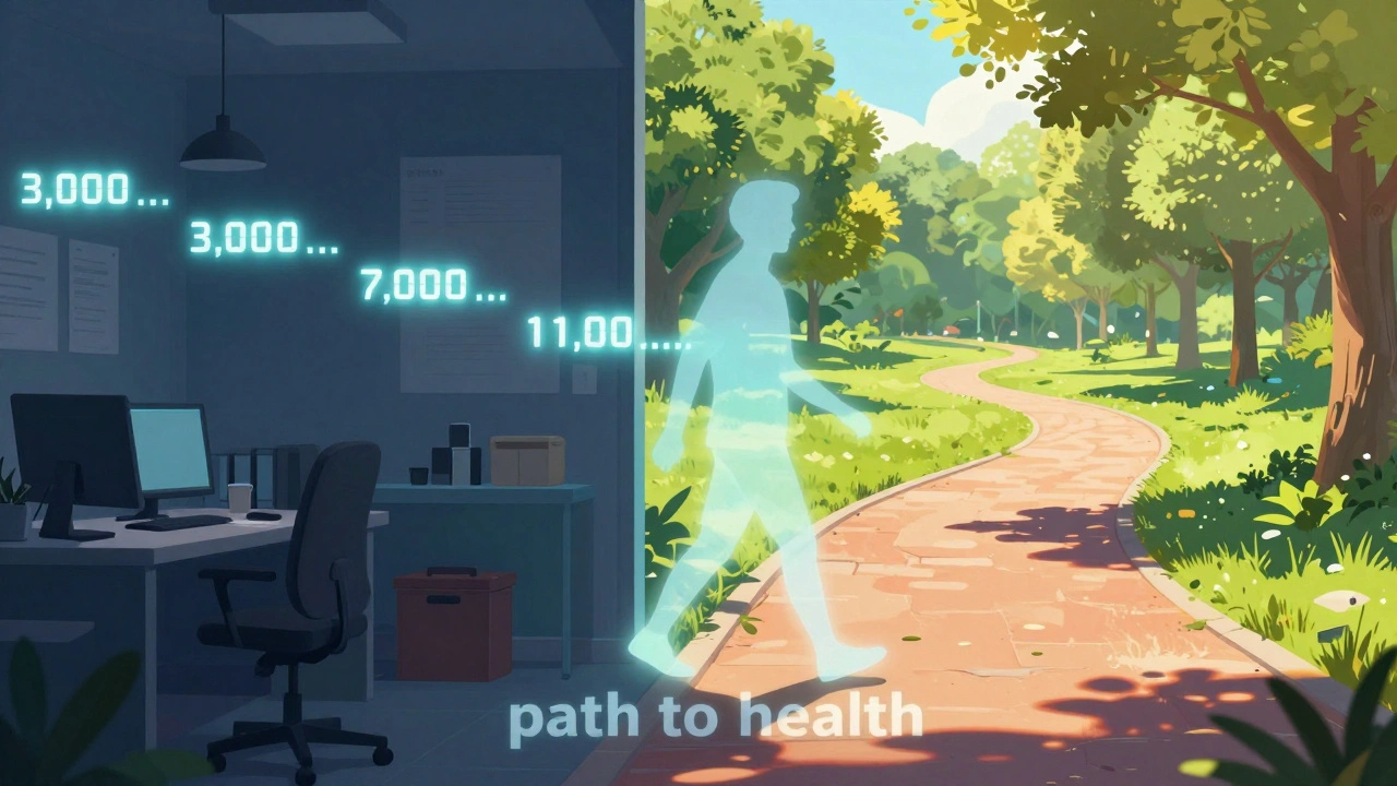 Стилизованный переход от рабочего стола к прогулке в парке с цифрами шагов