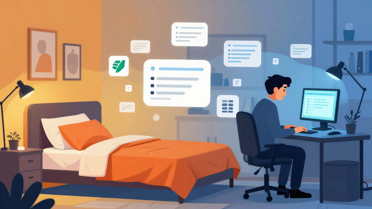 Сюрреалистичное изображение смешения дома и офиса с летающими уведомлениями