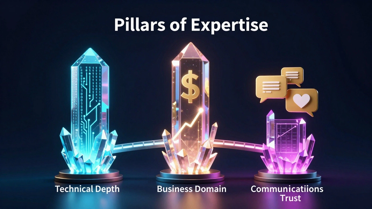 Три светящихся столпа, символизирующих технические знания, бизнес-логику и коммуникацию