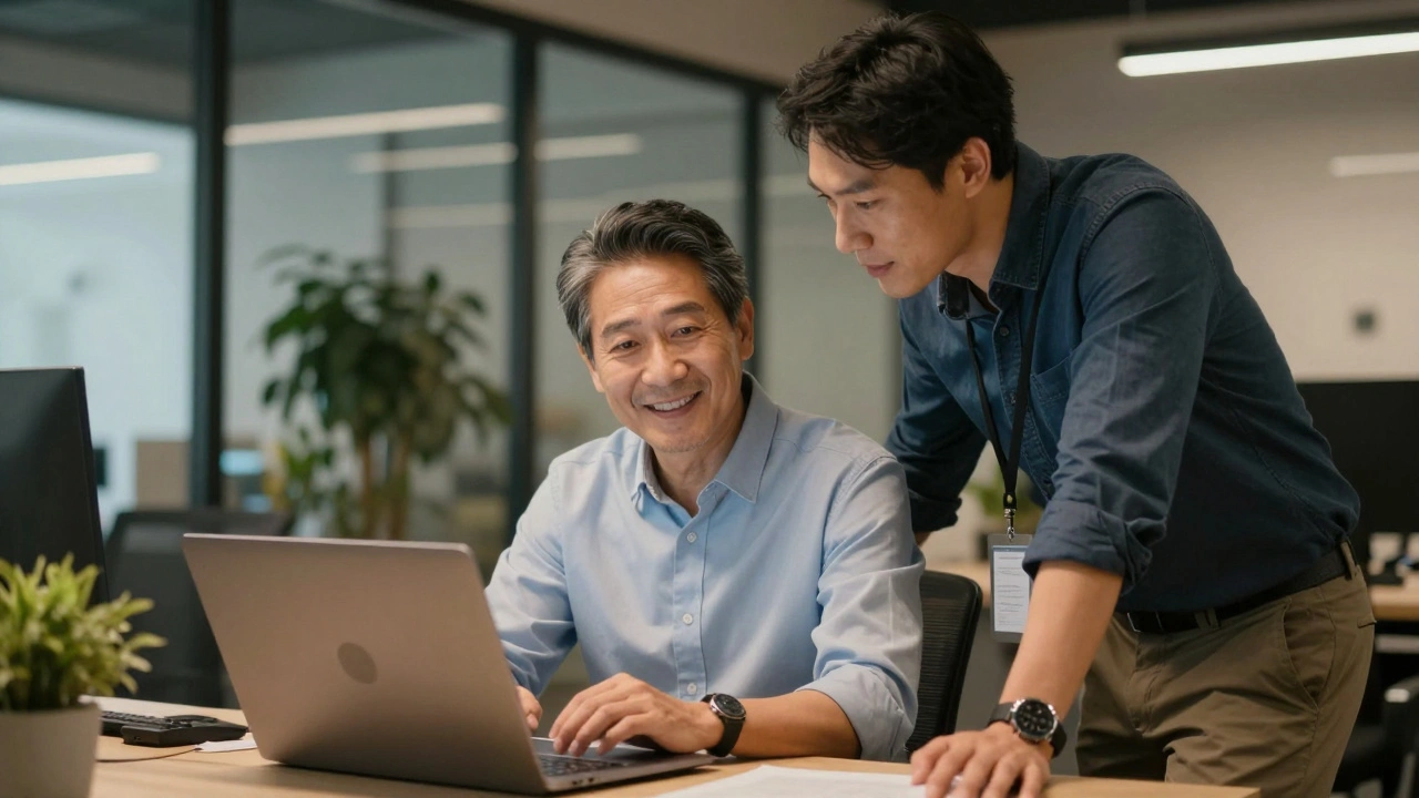 Зрелый специалист обсуждает код с ментором в современном офисе