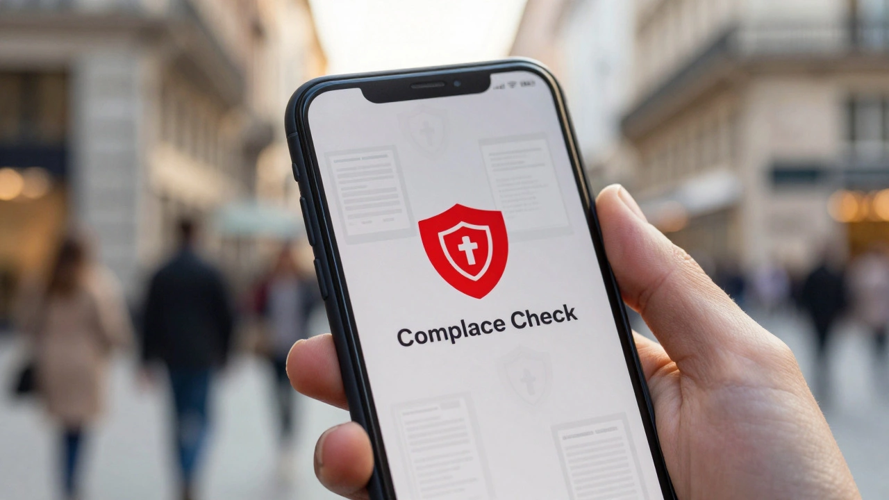 Рука держит смартфон с иконкой отказа доступа на фоне делового района