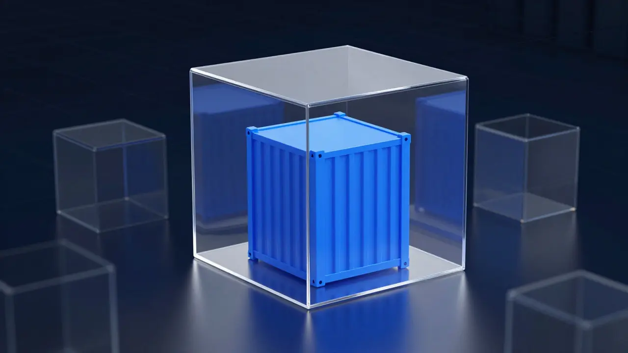 3D render of a glass container holding a blue cube, symbolizing Docker