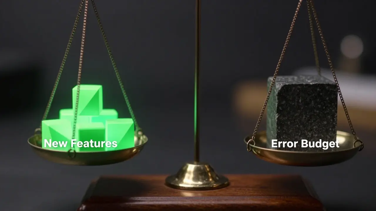 A balanced scale weighing glowing innovation cubes against a heavy stability block, representing error budgets