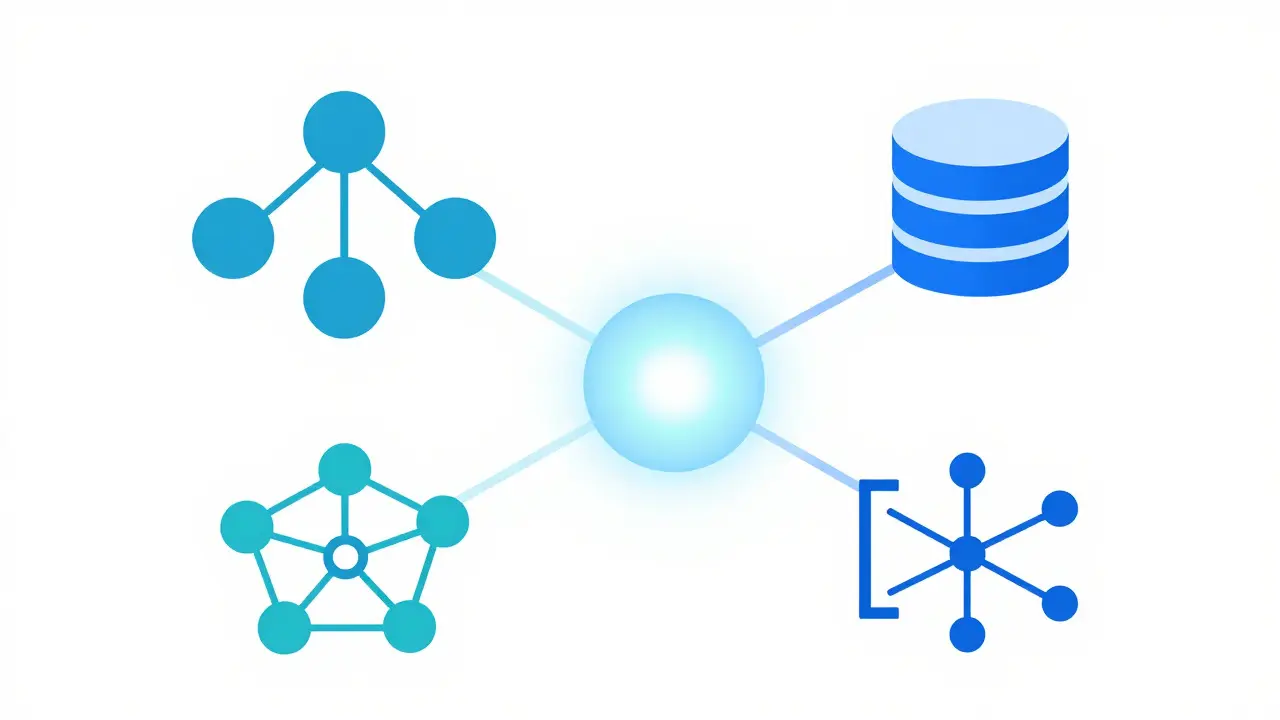 Abstract diagram showing interconnected technical concepts like algorithms and databases