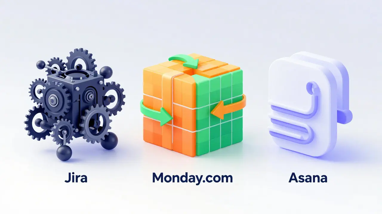 Abstract illustration comparing complex, flexible, and minimalist project management structures