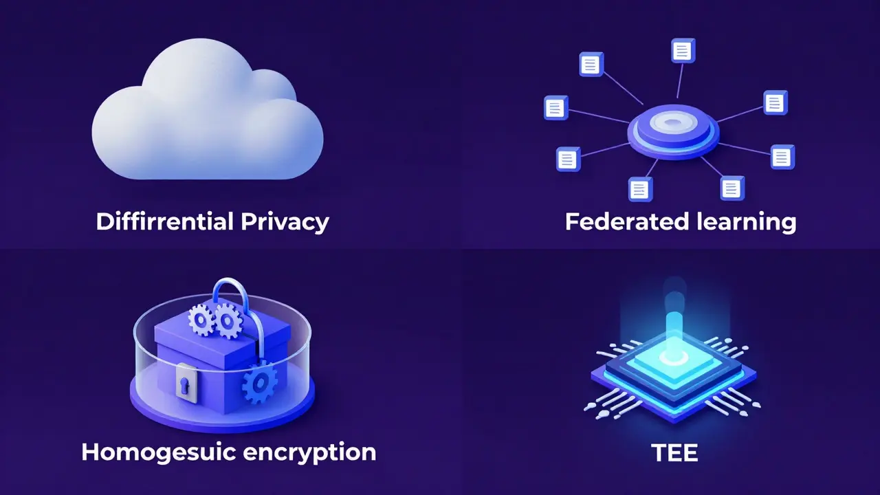 Abstract illustration of four privacy enhancing technology concepts in a grid layout