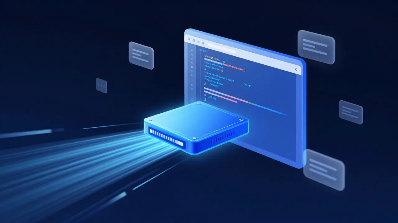 Абстрактное изображение быстрого SSD-диска и потока данных для оптимизации скорости