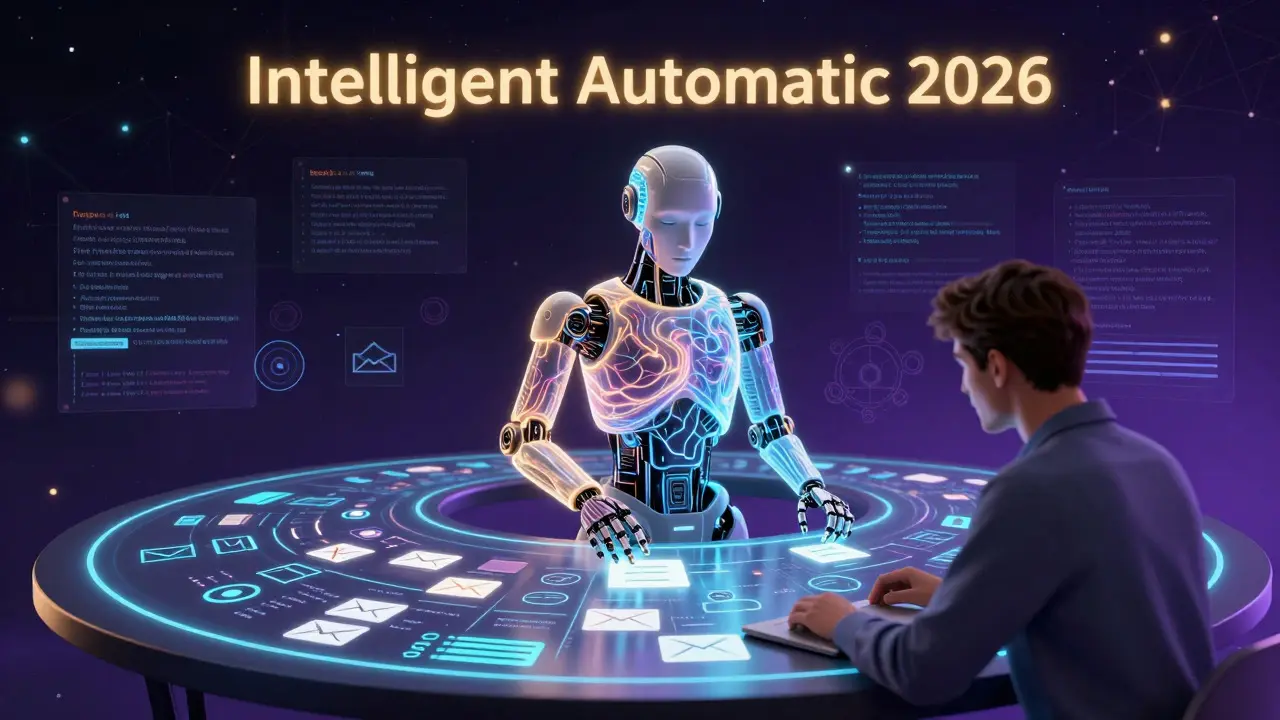 AI-enhanced robot and human analyst reviewing unstructured data on a futuristic projection table