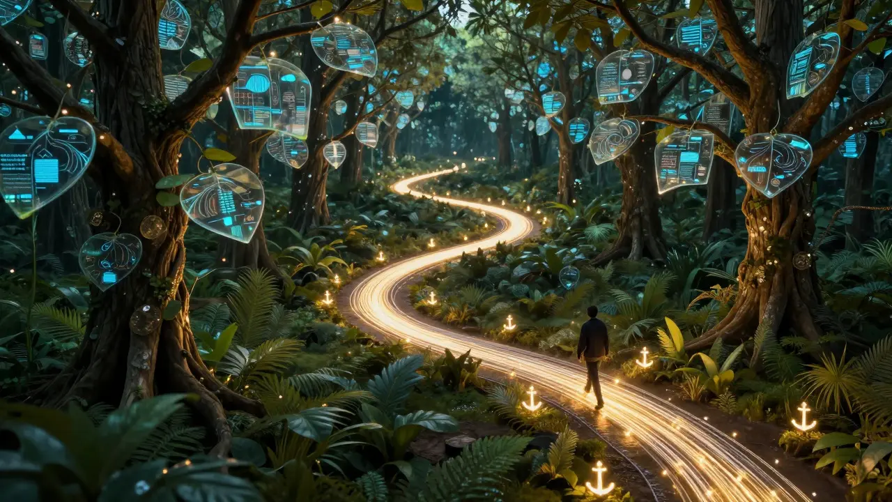 Artistic depiction of a digital path through a forest of data trees, symbolizing consistent IT learning habits