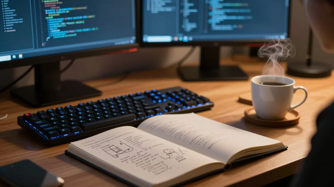 Close-up of a developer's desk with a notebook, keyboard, and coffee during a focused study session