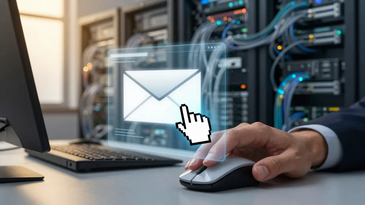 Close-up of a hand hovering over a mouse as a suspicious email dissolves into digital smoke