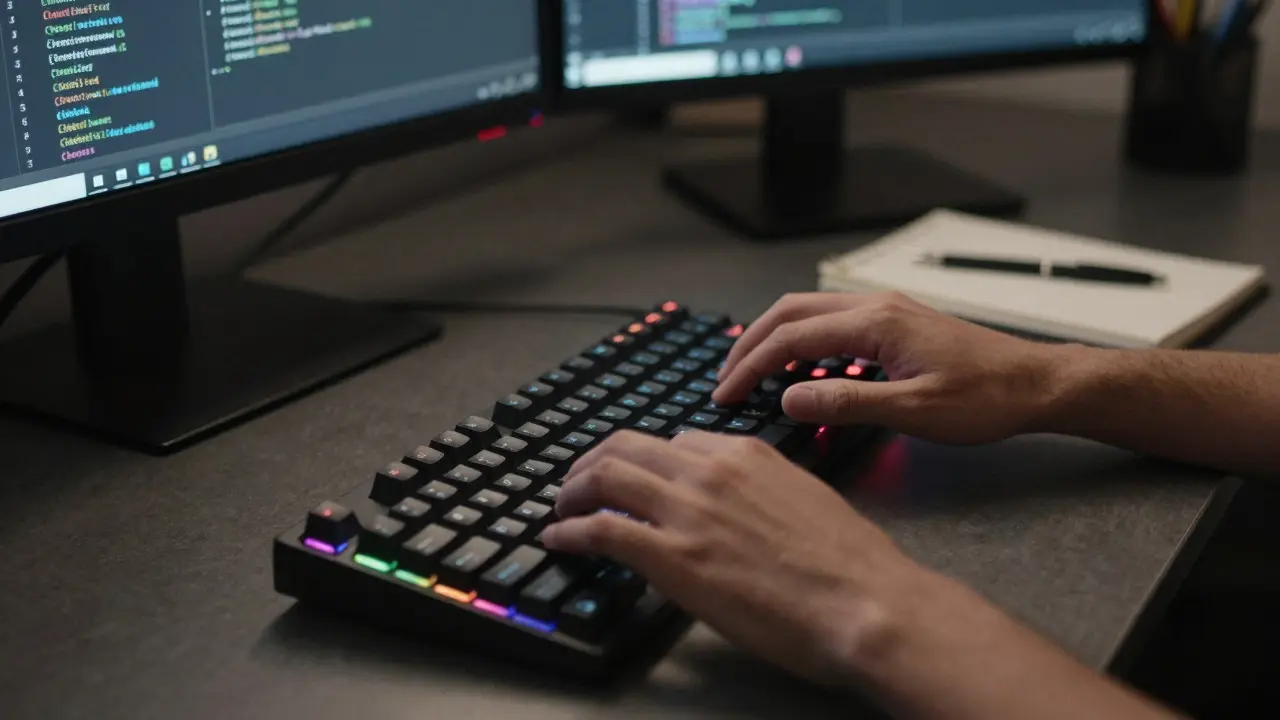 Close-up of hands typing on a mechanical keyboard in a focused home office setting