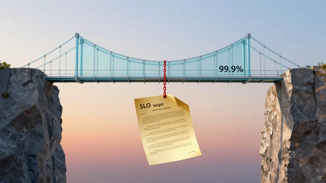 Conceptual art of a glass bridge supported by a golden contract, symbolizing SLO and SLA relationship