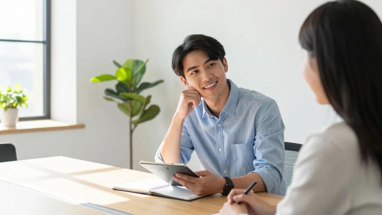 Confident candidate having a relaxed conversation with an interviewer in a bright office