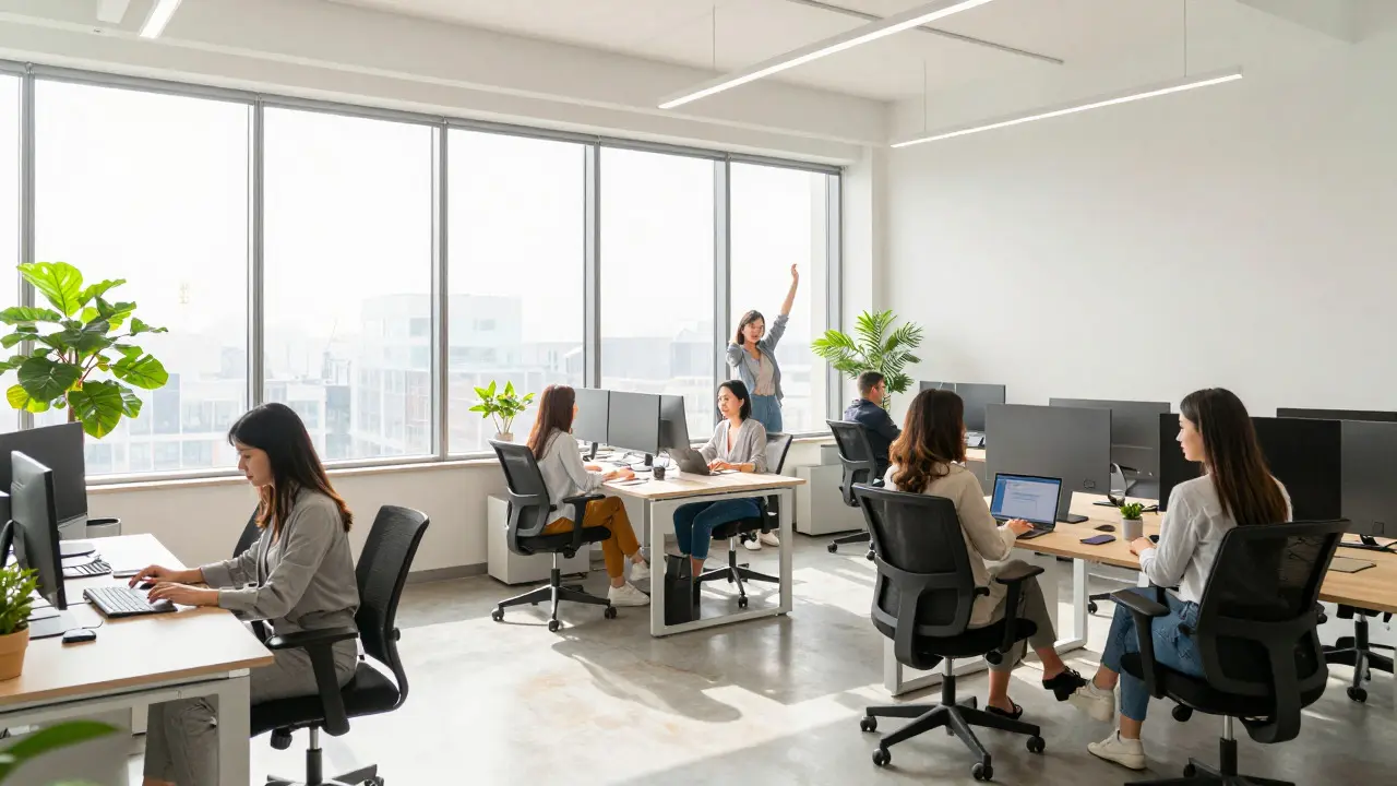 Diverse team working flexibly in a bright, modern open-plan office environment