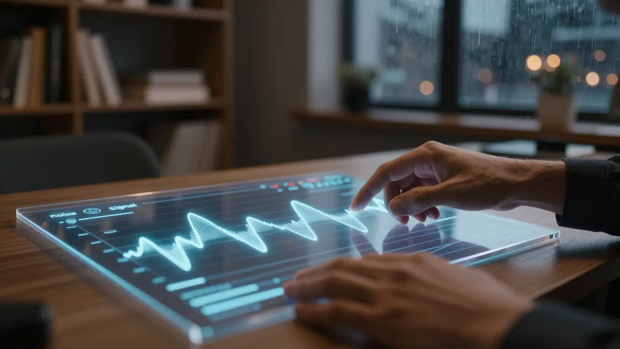 Engineer adjusting a digital interface balancing data noise and signal clarity