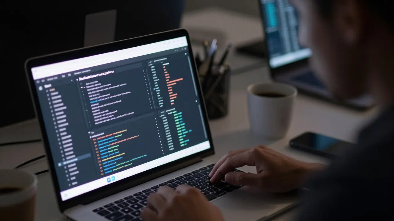 Engineer analyzing serverless logs on a laptop at night