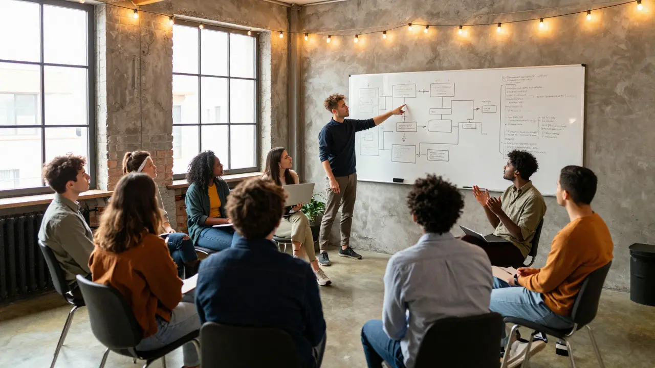 Group of developers discussing architecture on a whiteboard at a meetup