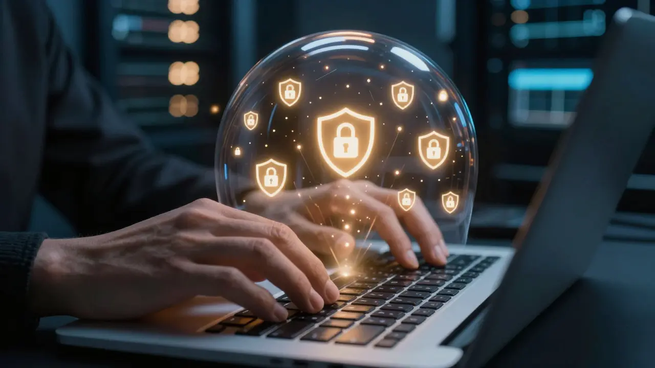 Hands typing code with glowing security shields emerging from the keyboard
