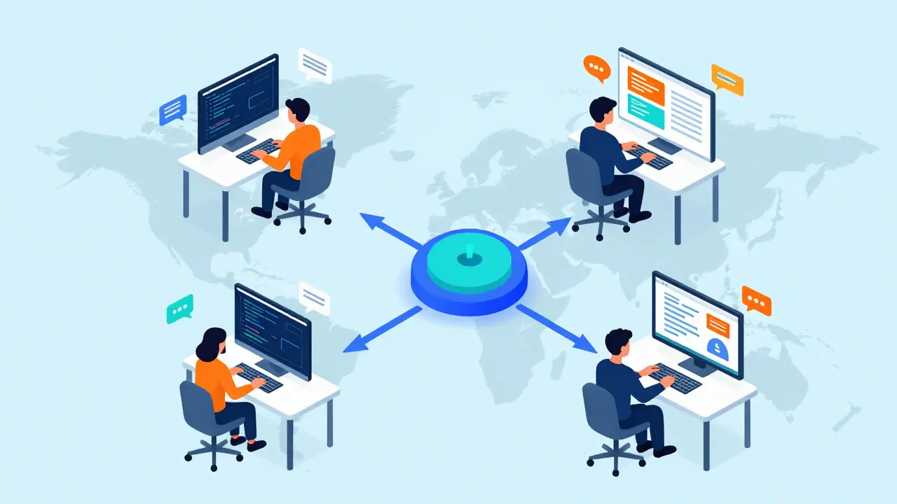 Иллюстрация асинхронной работы команды в разных точках мира