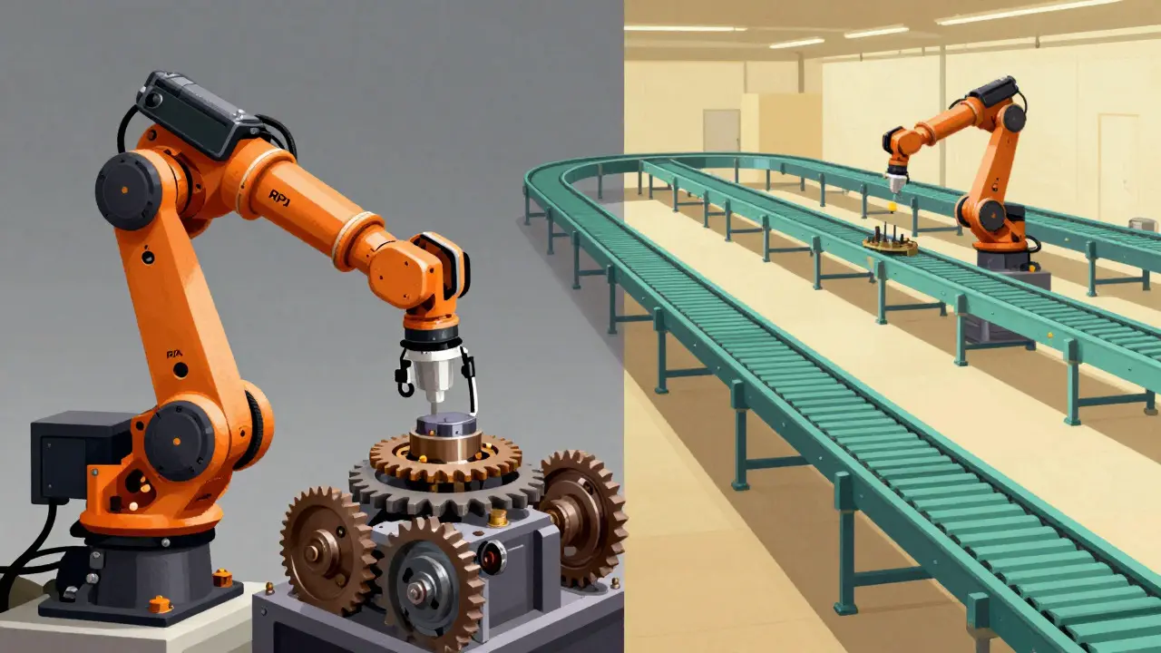 Illustration comparing a robotic arm on legacy machines with a streamlined automated conveyor system