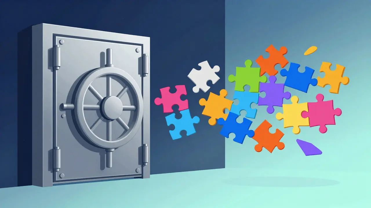 Illustration contrasting a rigid vault door with flowing puzzle pieces