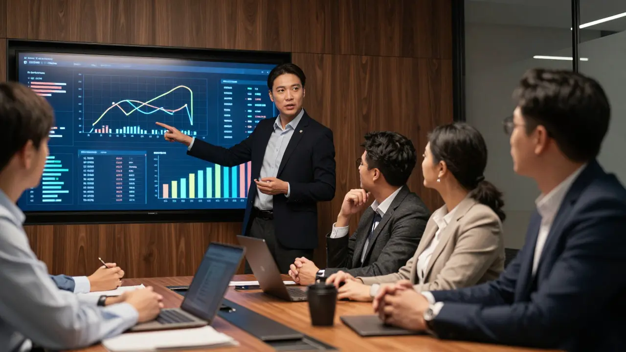 IT analyst presenting metrics to business executives in a meeting