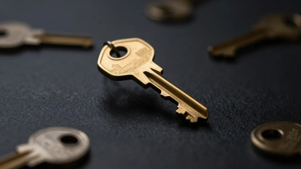 Macro shot of a golden key fitting precisely into a dark slot