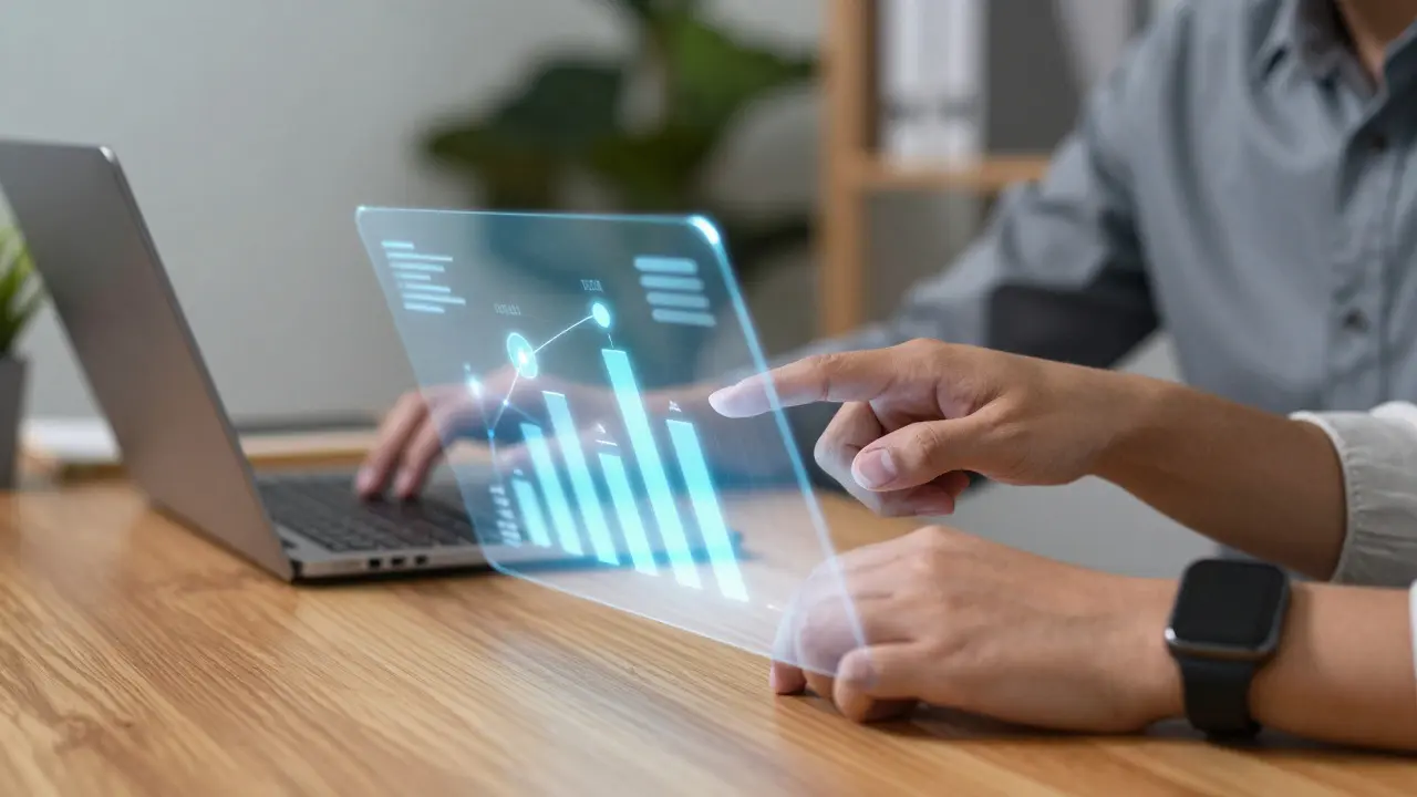 Mentor pointing at a holographic career path interface with a female employee