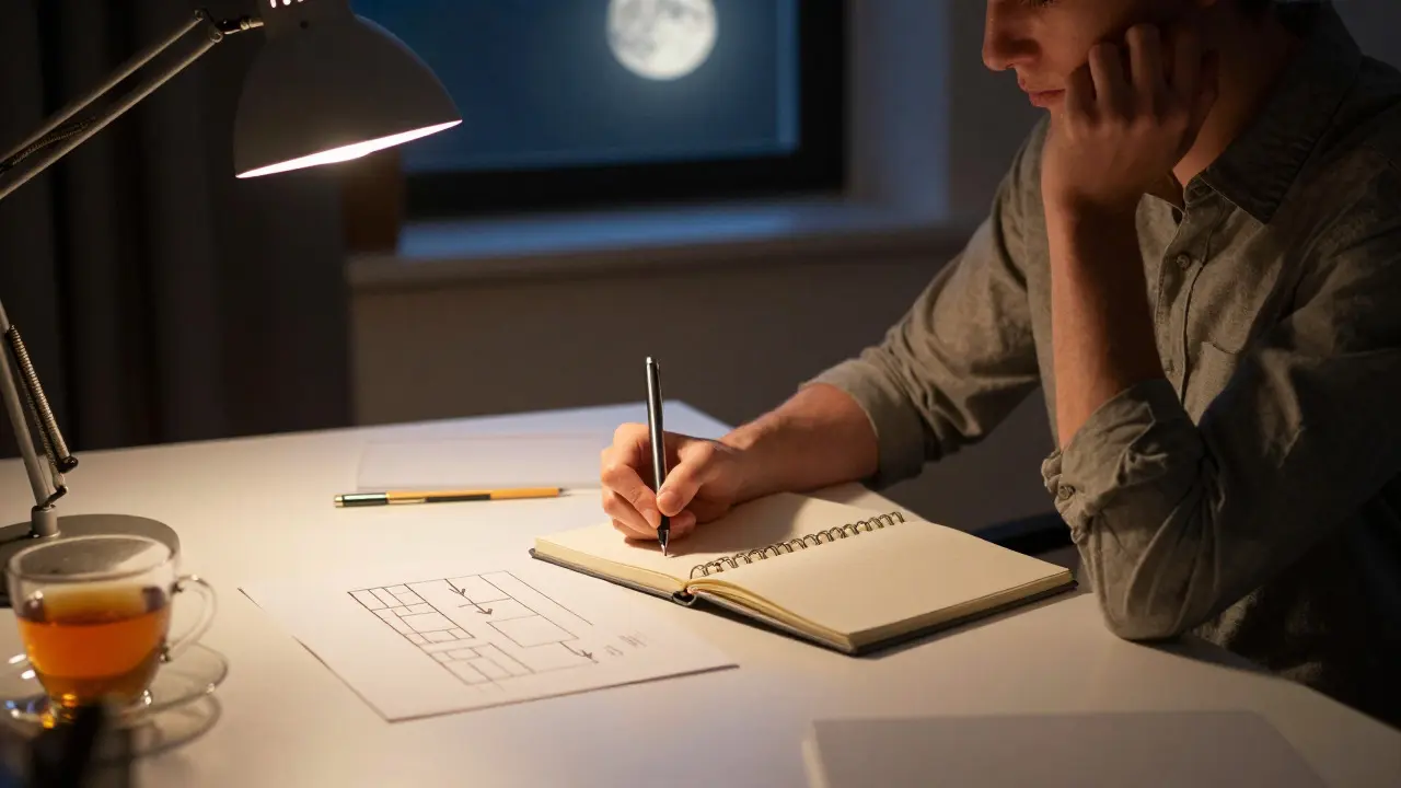 Person writing in a notebook under warm lamplight during focused evening study session