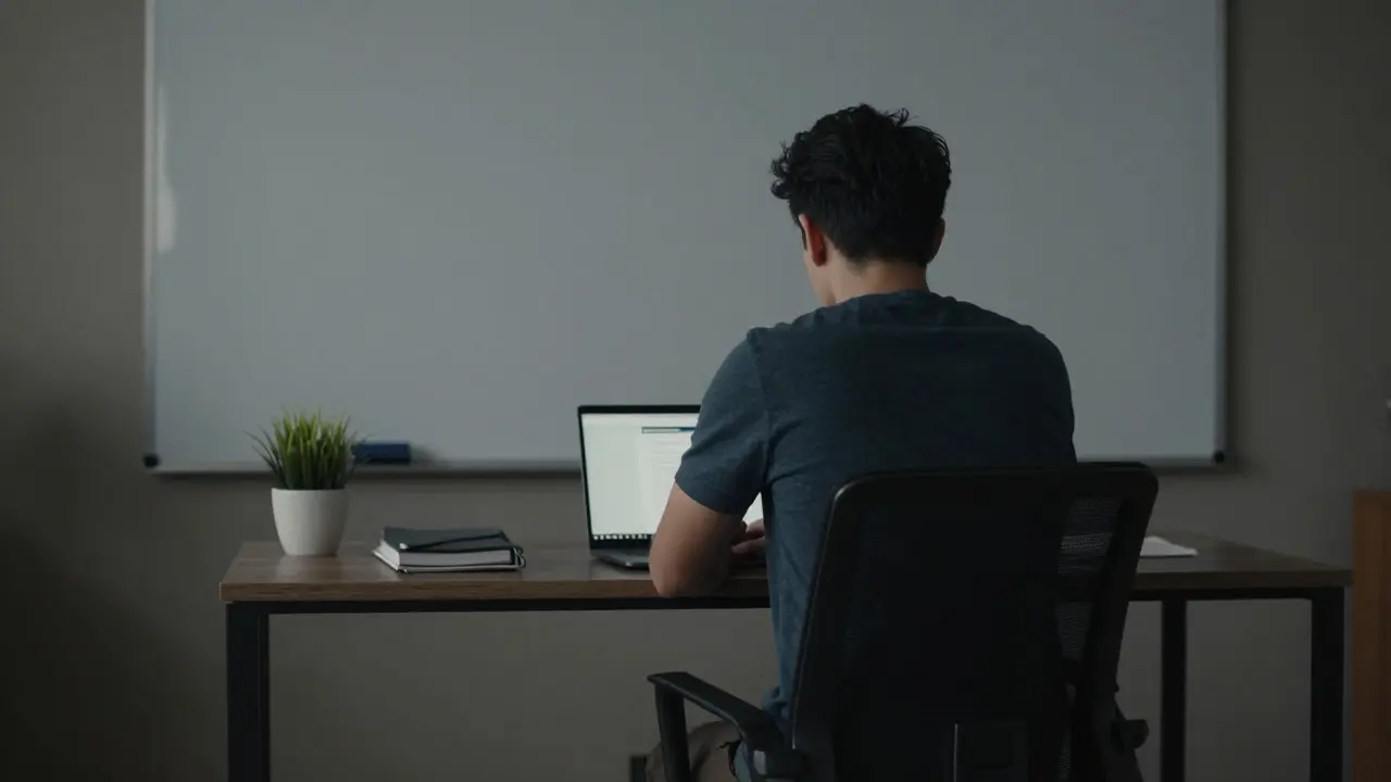 Remote worker at a desk with an empty seat, symbolizing distributed team inclusion