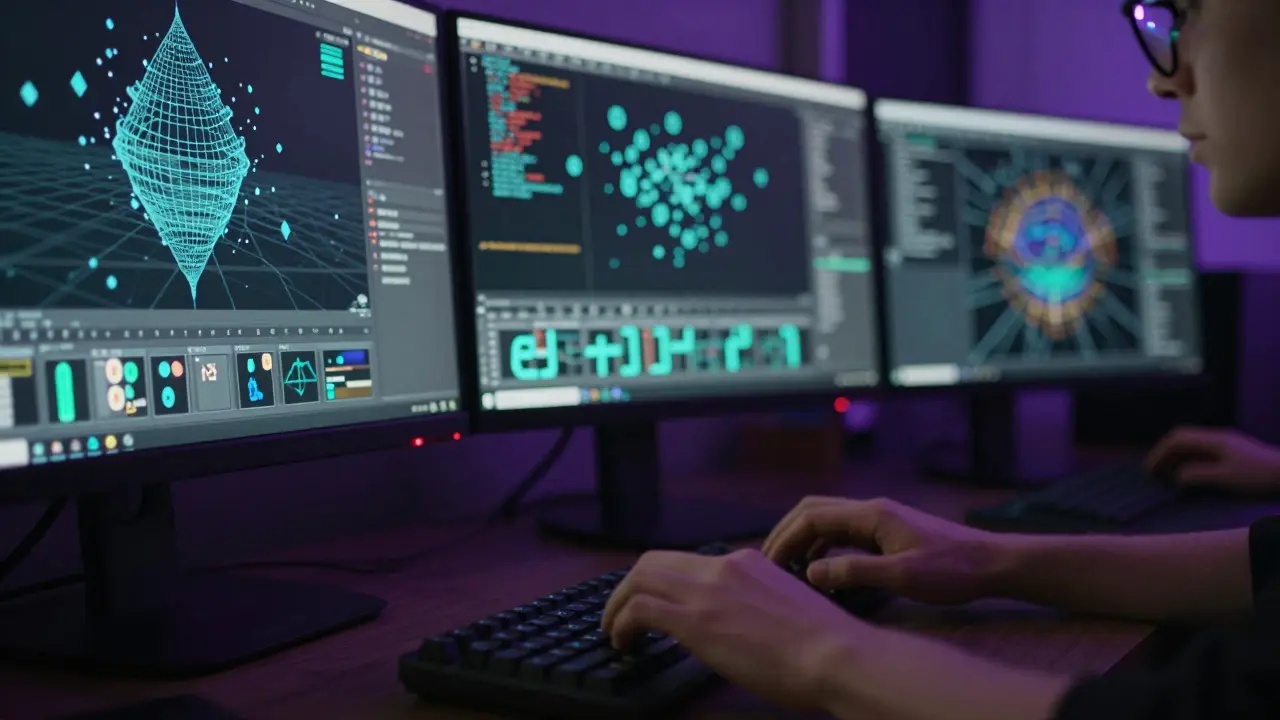 Руки разработчика печатают код на клавиатуре при свете мониторов с 3D-моделями