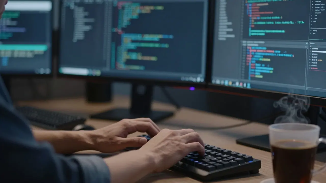 Руки разработчика за клавиатурой в темном офисе с мониторами