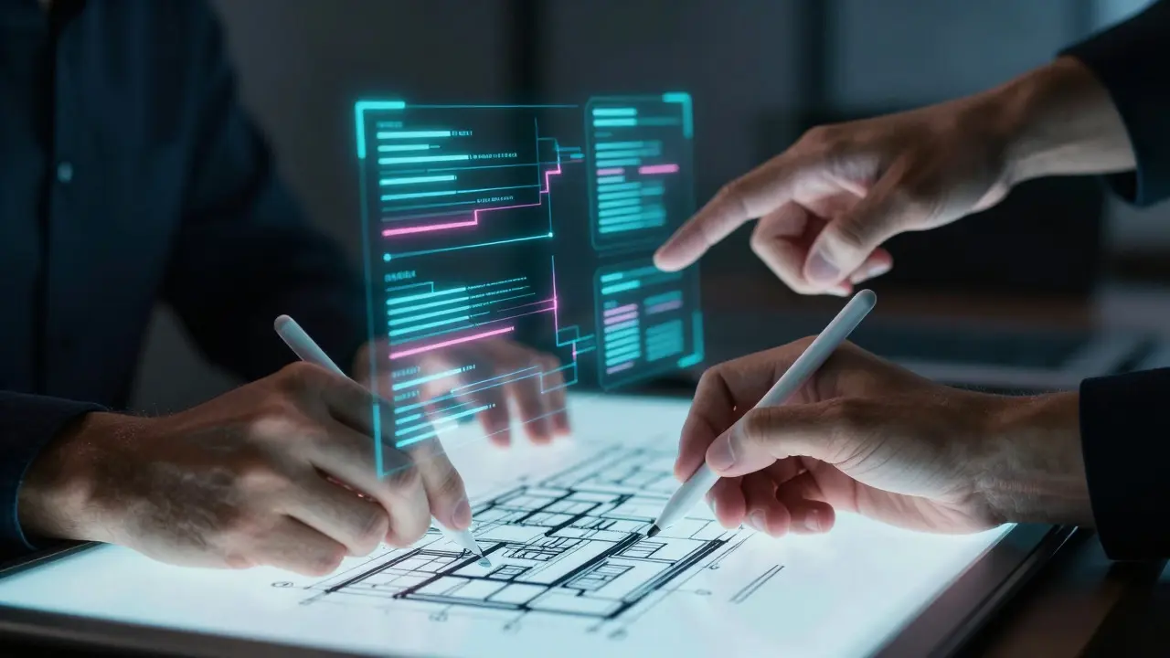 Руки специалистов работают с цифровым интерфейсом и голограммами
