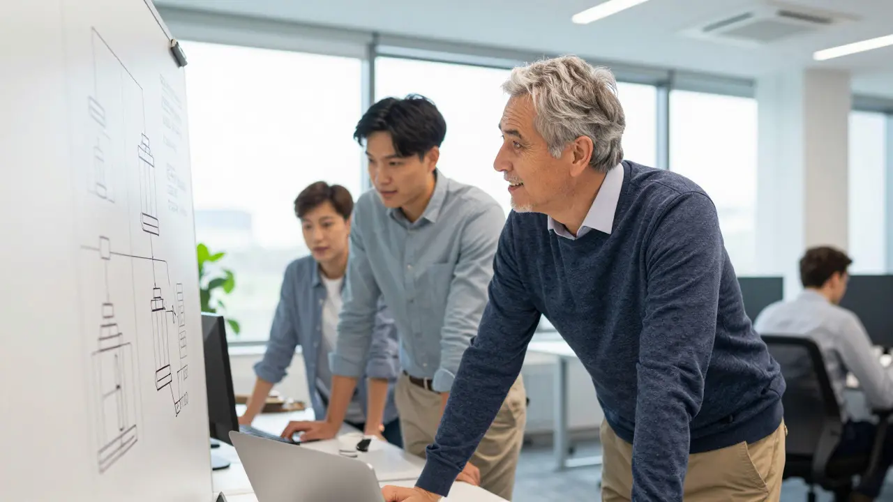 Security champion mentoring developers during a collaborative meeting in an office