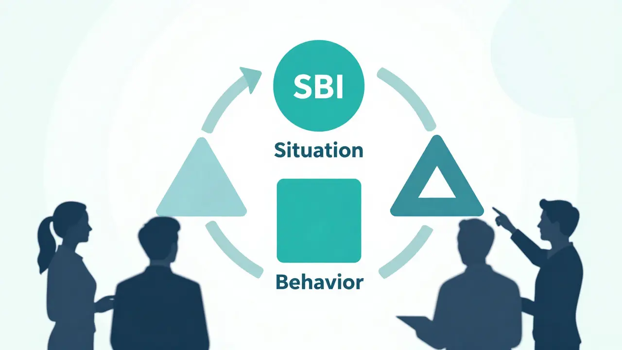 Стилизованная иллюстрация концепции модели обратной связи SBI с абстрактными фигурами и людьми
