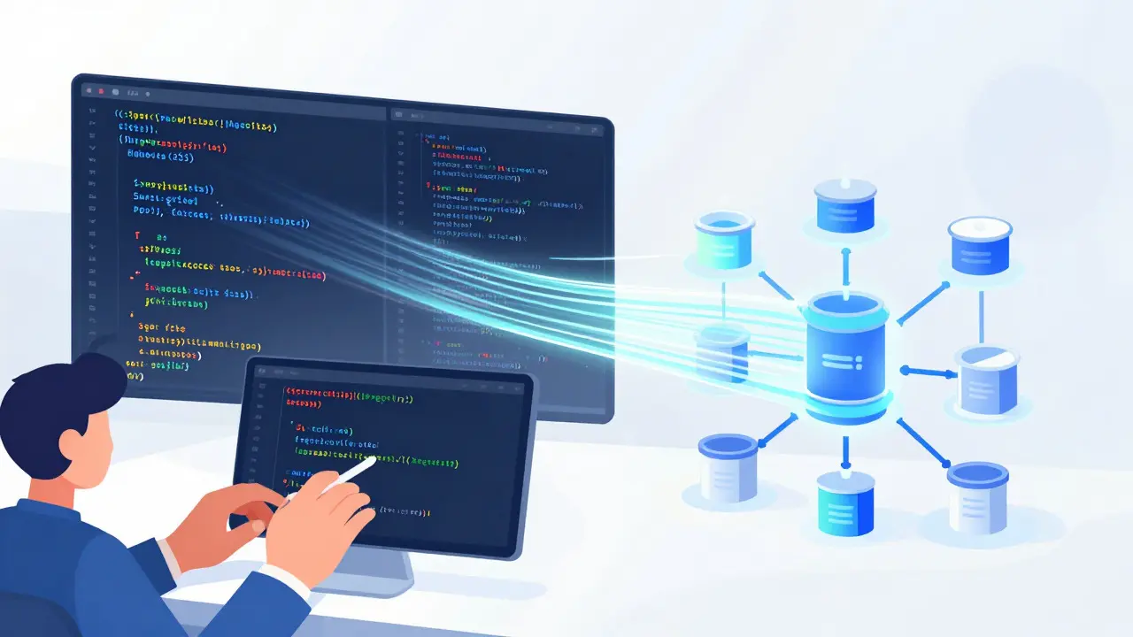 Стилизованное изображение кода TypeScript и Python, превращающегося в архитектуру систем