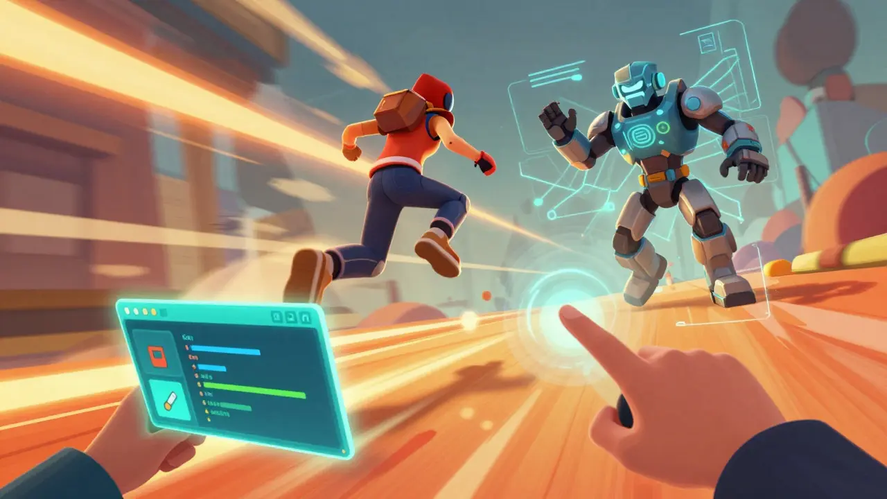 Stylized game character jumping with visible AI pathfinding lines and UI elements