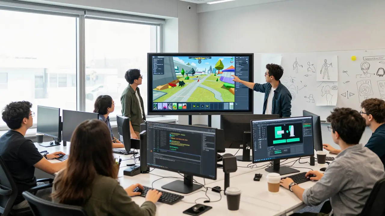 Team of developers collaborating around a screen displaying a 3D game prototype