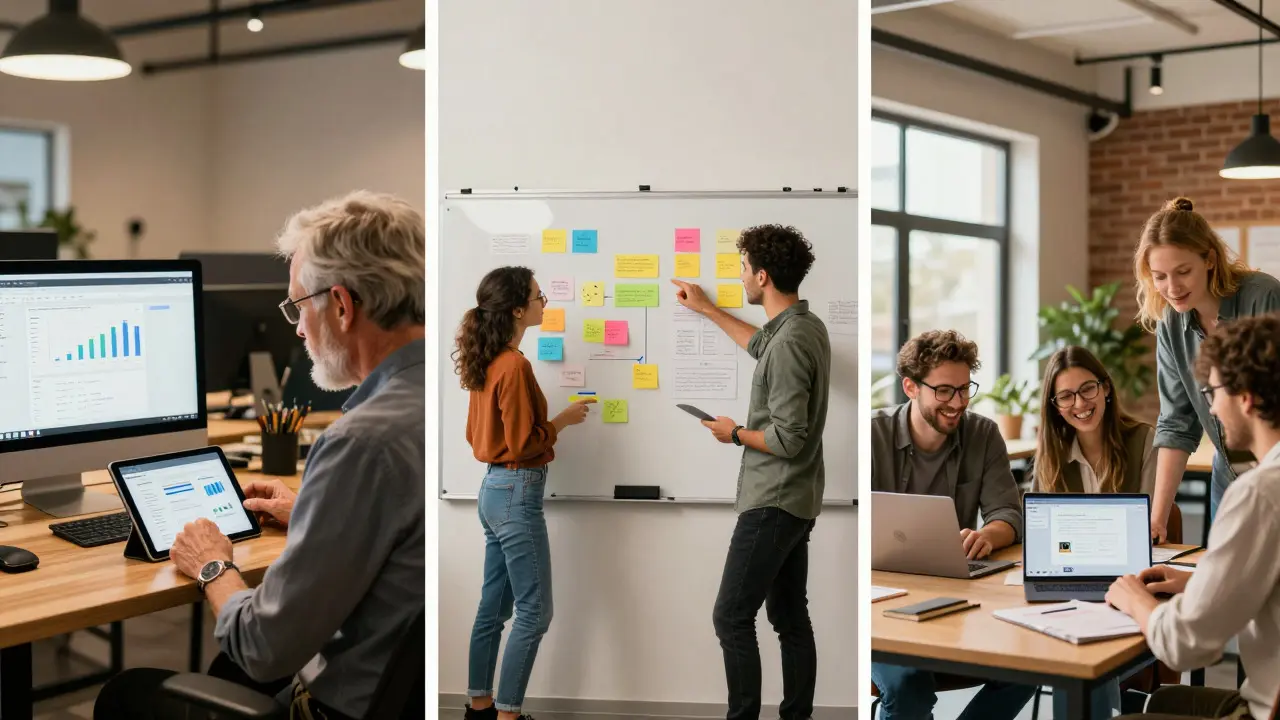 Three panels showing engineers, hybrid teams, and startups using different work styles