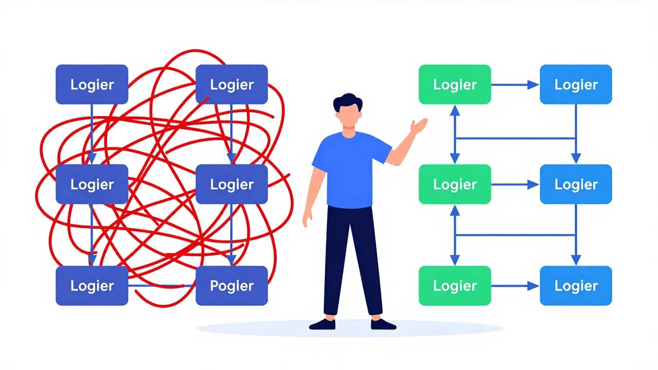 Vector illustration contrasting chaotic tangles with clear logical flowcharts