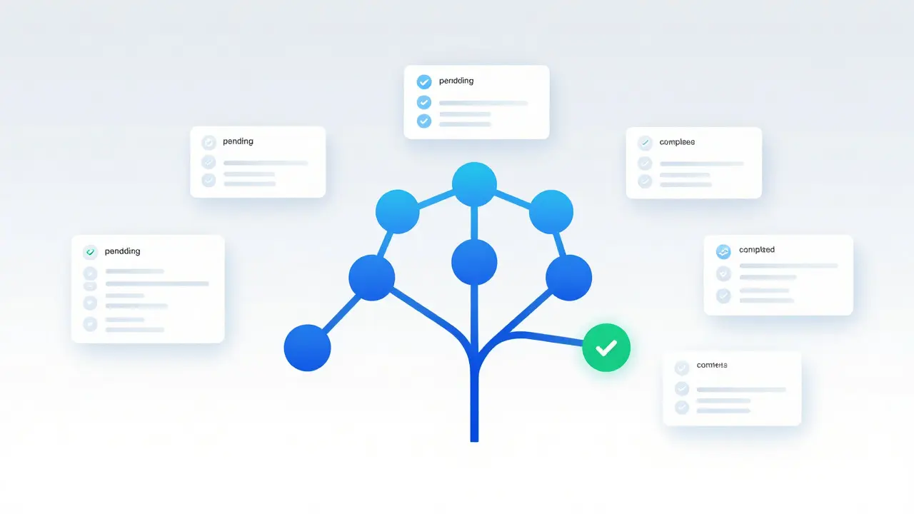 Vector illustration of git branches and task management cards in blue tones