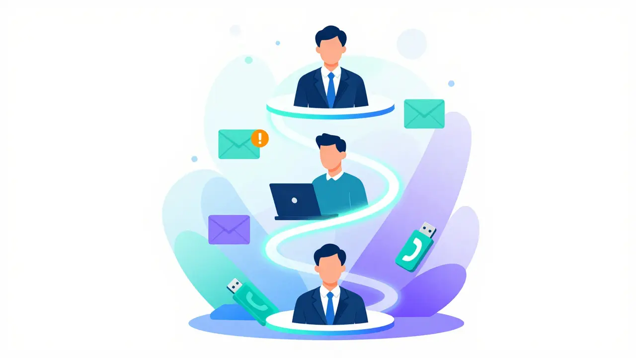 Vector illustration showing three levels of cybersecurity training connected by a glowing path