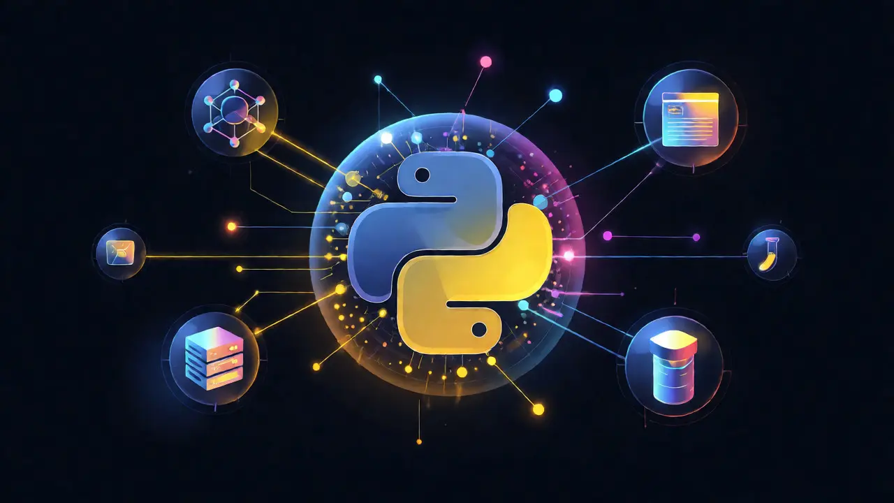 Абстрактная визуализация экосистемы Python как центра данных и технологий