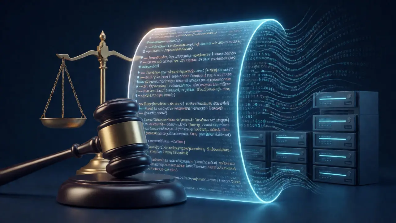 Абстрактная визуализация юридических аспектов IT-договора с элементами кода и правосудия.