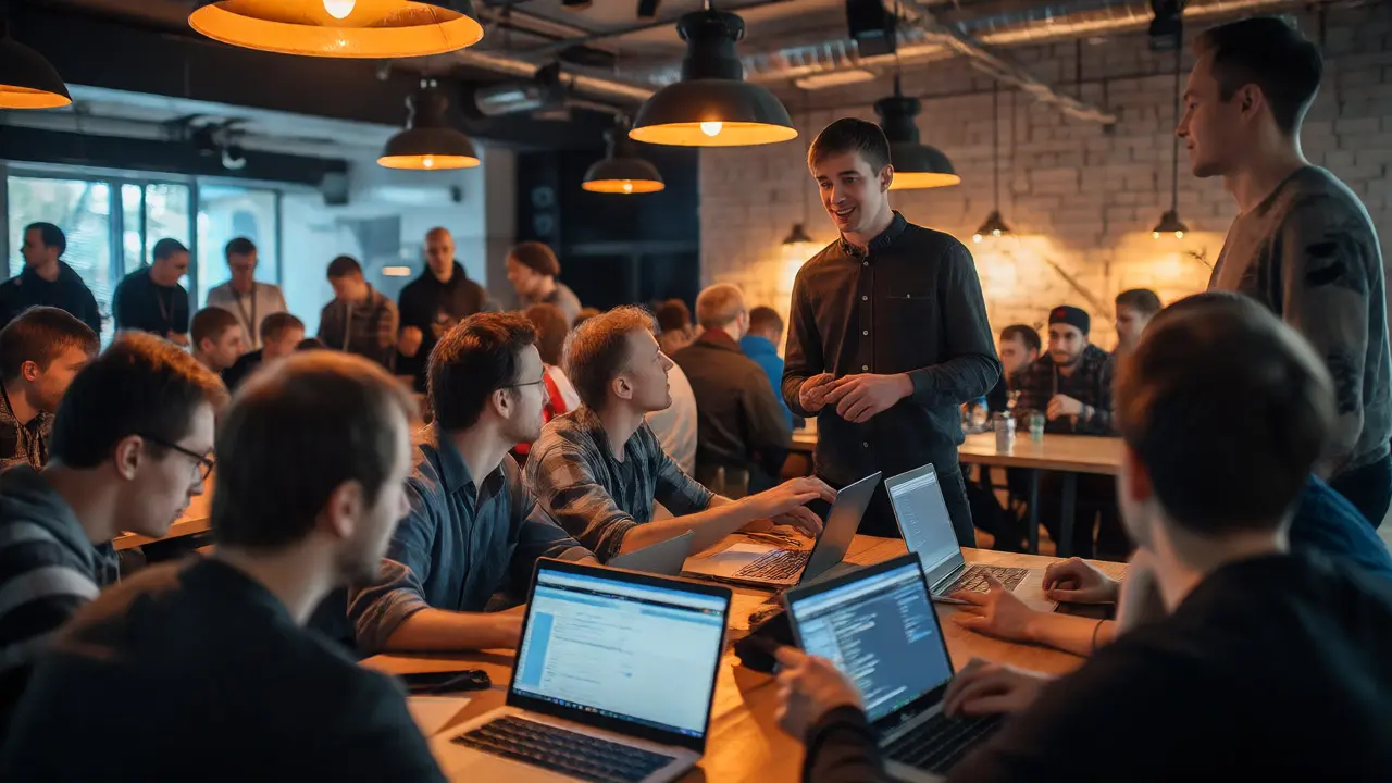 Группа разработчиков общается и работает за ноутбуками на локальном митапе