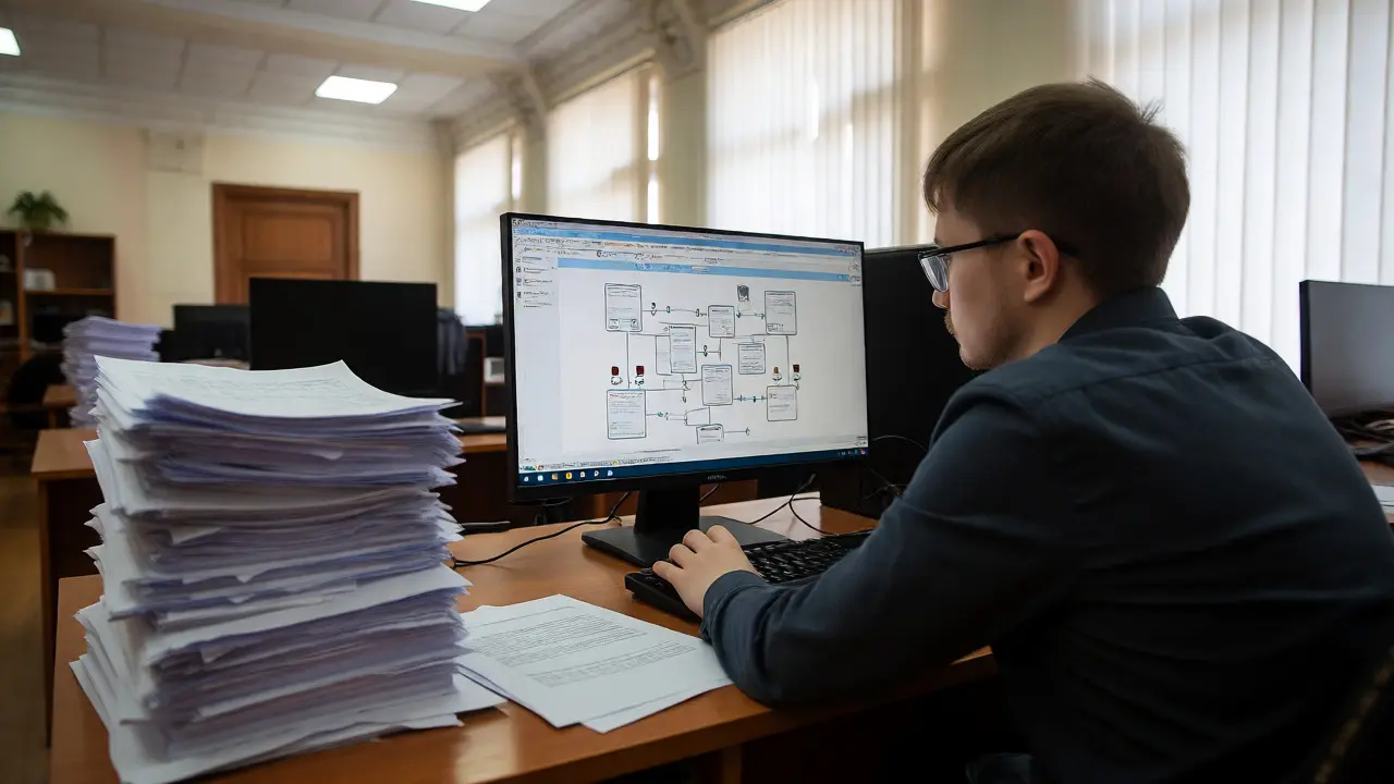 IT-специалист за работой среди стопок документации в госучреждении