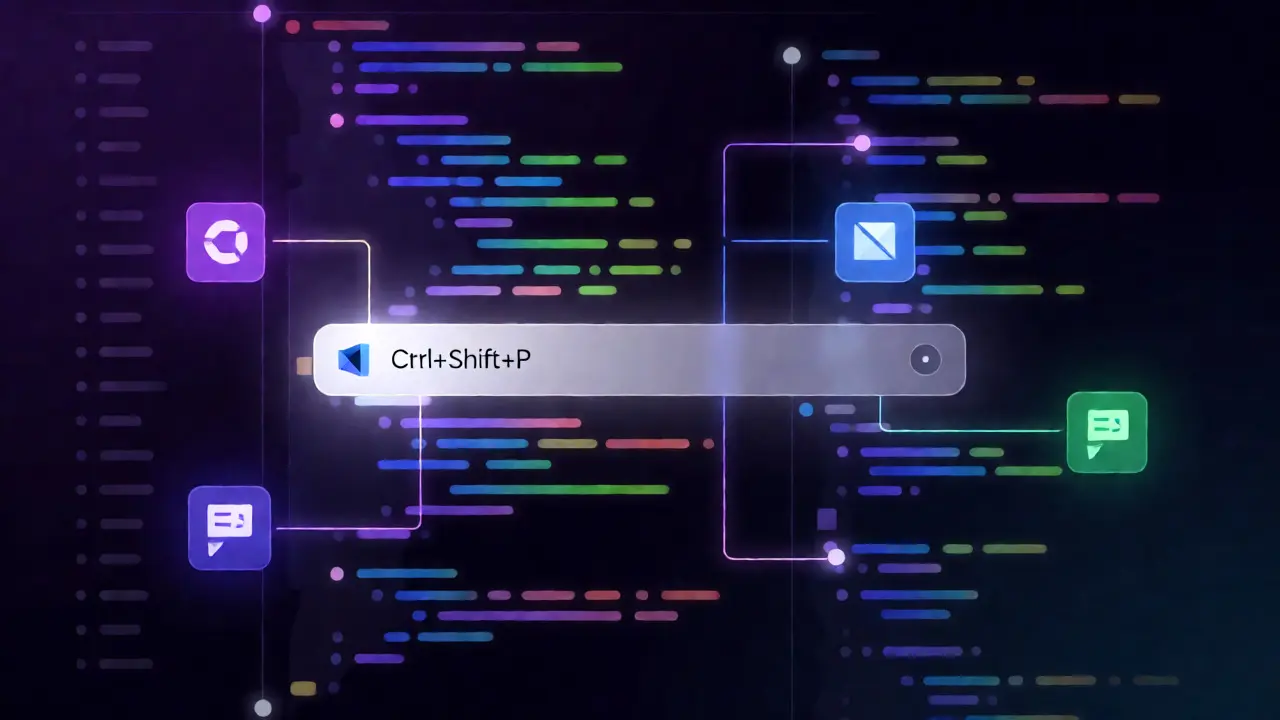 Концептуальная иллюстрация командной палитры и расширений VS Code