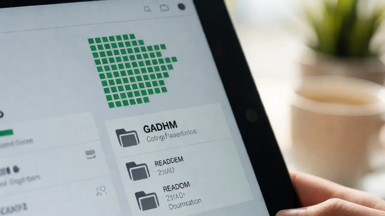 Крупный план профиля GitHub на планшете с зелеными коммитами
