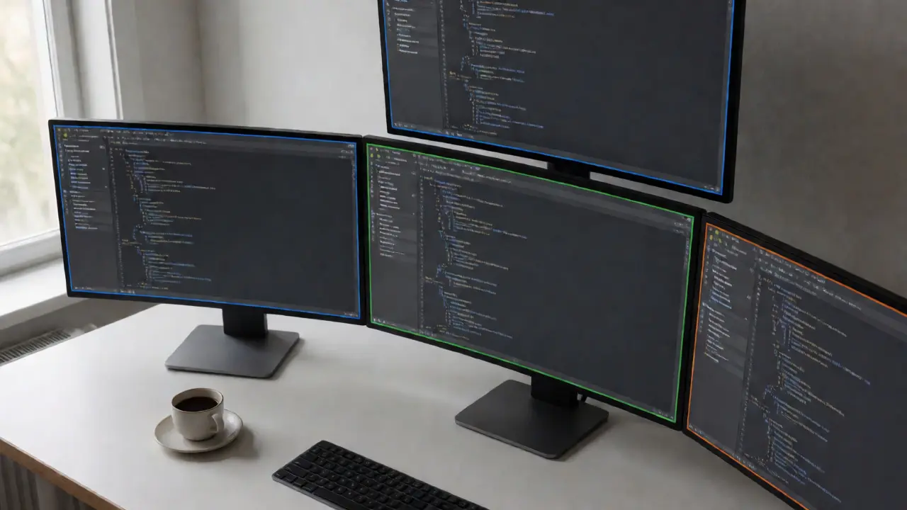 Мониторы с VS Code разных цветов для разделения проектов